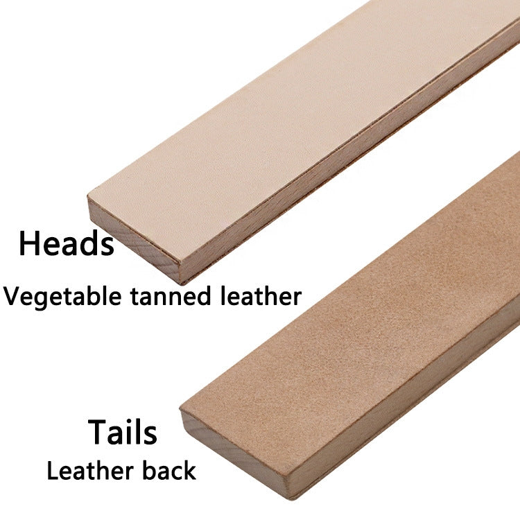 Double-sided vegetable-tanned leather sharpening pad on wooden board