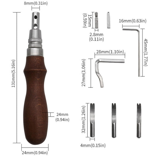 Leather edge trimmer tool with replaceable cutter heads and size measurement diagram