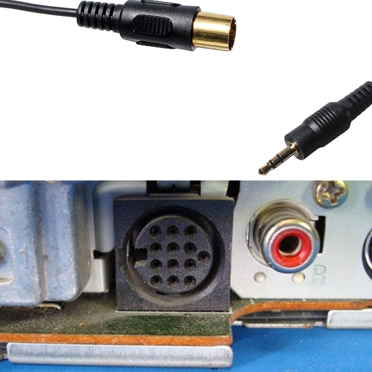 Audio modification cable connected to dashboard AUX ports; 3.5mm plug visible