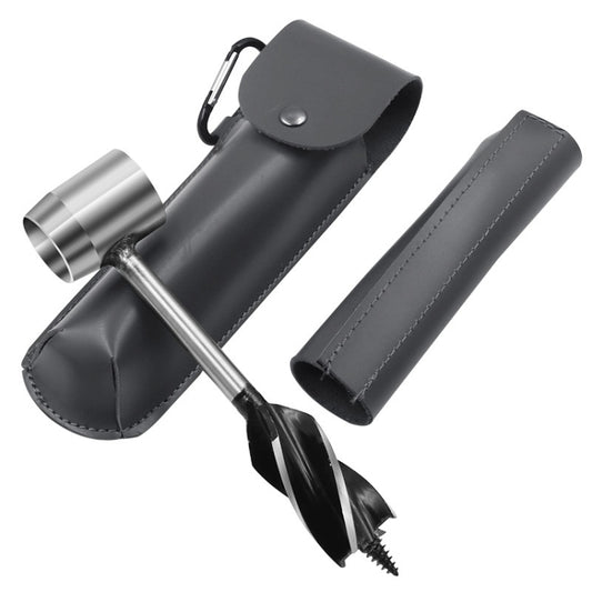 Camping drill bit tool with dark gray leather holster and steel drill bit