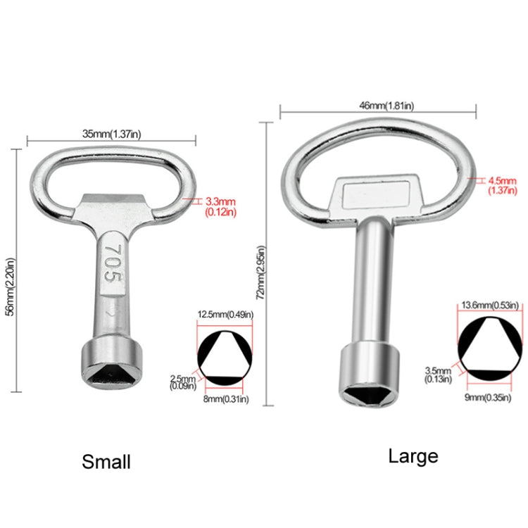 Triangular key wrenches shown with size comparison for small and large