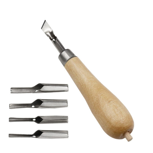 Wood-handled carving knife tool set with metal blades, 4 knives shown