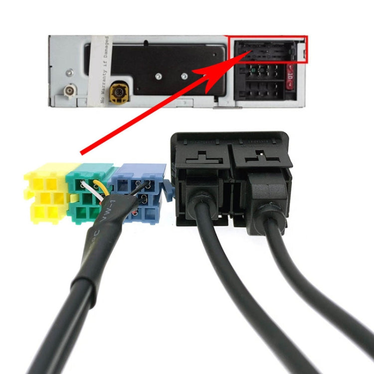 Car radio AUX/USB adapter cable with connector harness and shown port area