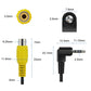 RCA female and 3.5mm stereo plug with size callouts, black cable length diagram