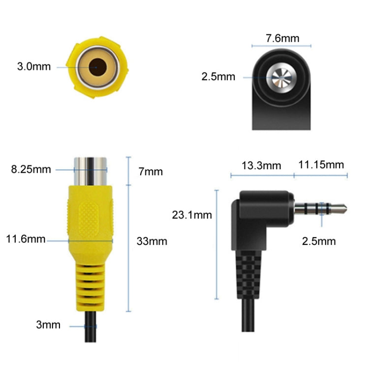RCA female and 3.5mm stereo plug with size callouts, black cable length diagram