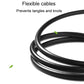 Flexible black stereo video cable with bendable strain relief, prevents tangles