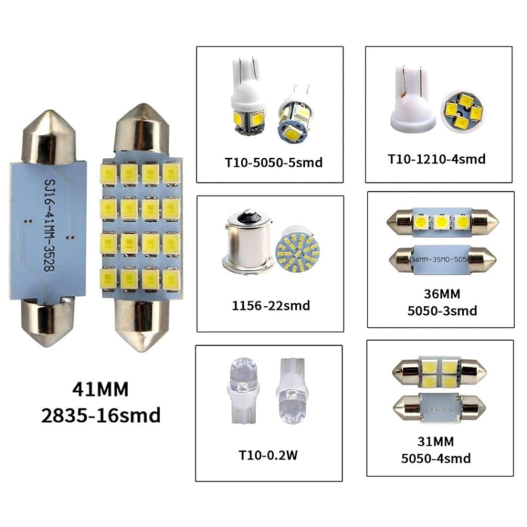 Assorted car LED bulb types with labeled sizes and pin lengths