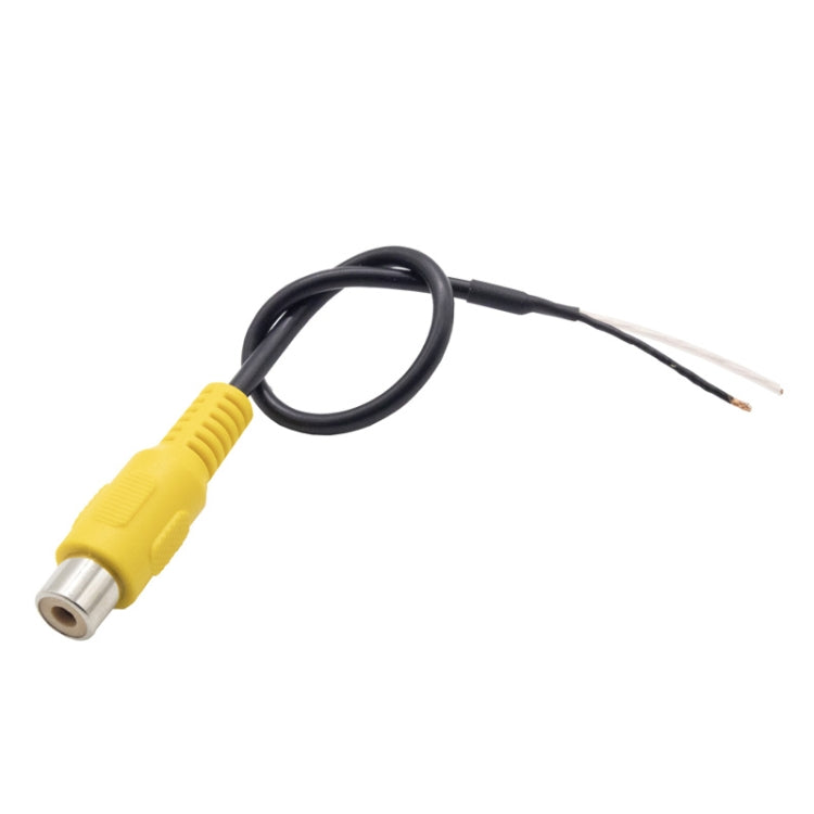 RCA AV audio cable with yellow connector, black wire leads, and exposed copper tips