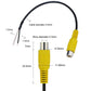 Yellow RCA AV audio cable connector with black leads; labeled cable and bore dimensions