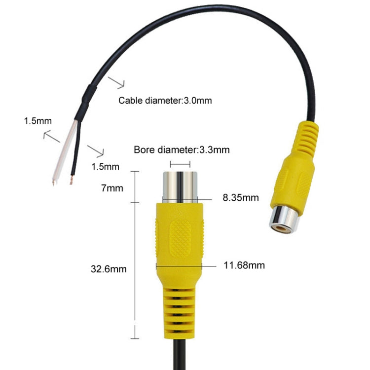Yellow RCA AV audio cable connector with black leads; labeled cable and bore dimensions