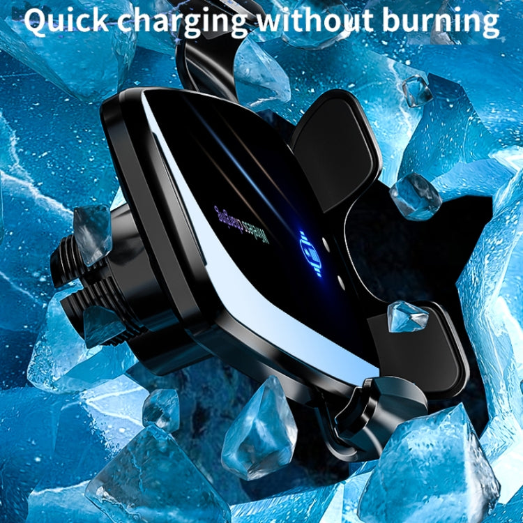 Car wireless charging phone mount with angled cradle and side clamp arms