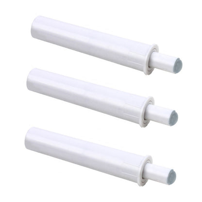 Set of 3 white cabinet door dampers with soft bumper tips and mounting sleeves