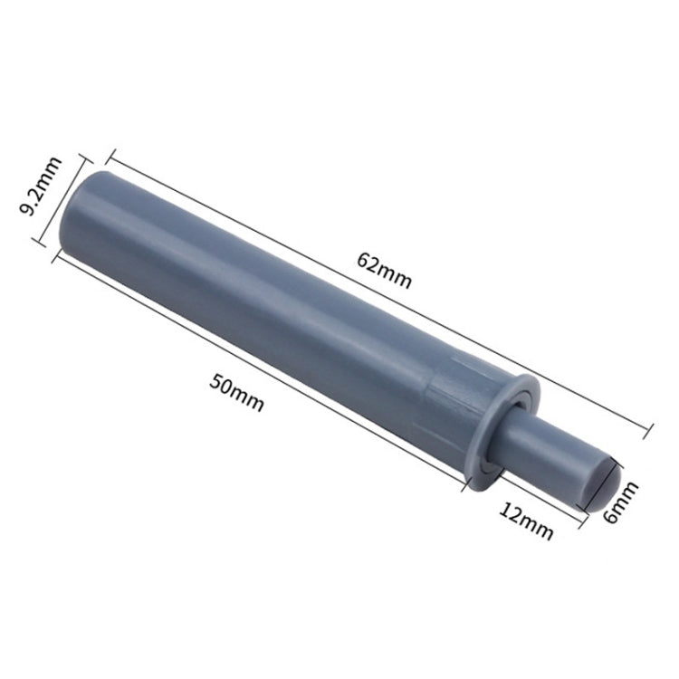 Gray cabinet door damper with mounting sleeve and bumper tip, shown with size guide