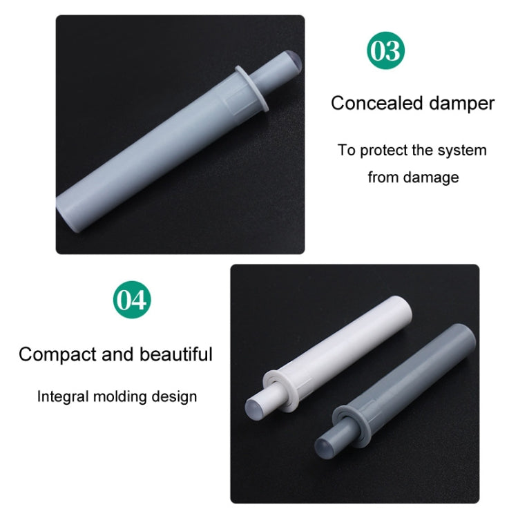 Concealed cabinet door damper set in gray and white with end bumper tips