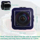 Reversing assist camera with blue square housing and round front lens