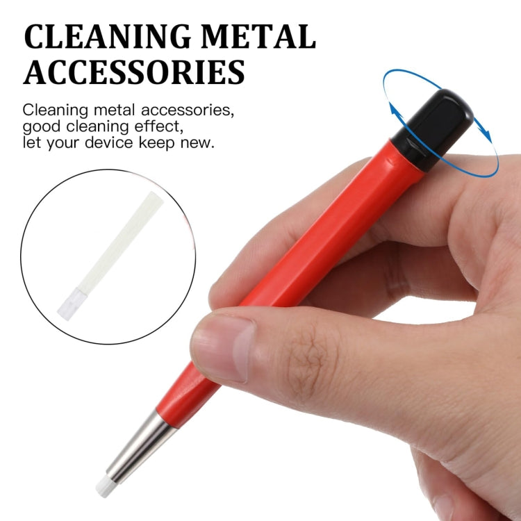 Watch cleaning brush head on red handle, white bristles tip