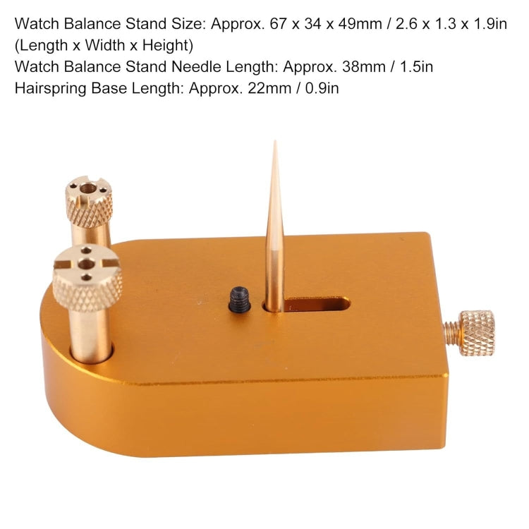 Gold watch balance stand with needle pin, side post and knurled adjustment screws