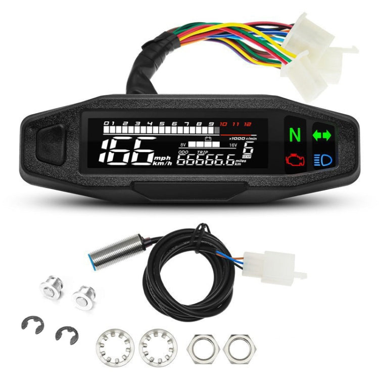 Motorcycle LCD instrument cluster with digital speed and fuel/gear indicators, wiring harness