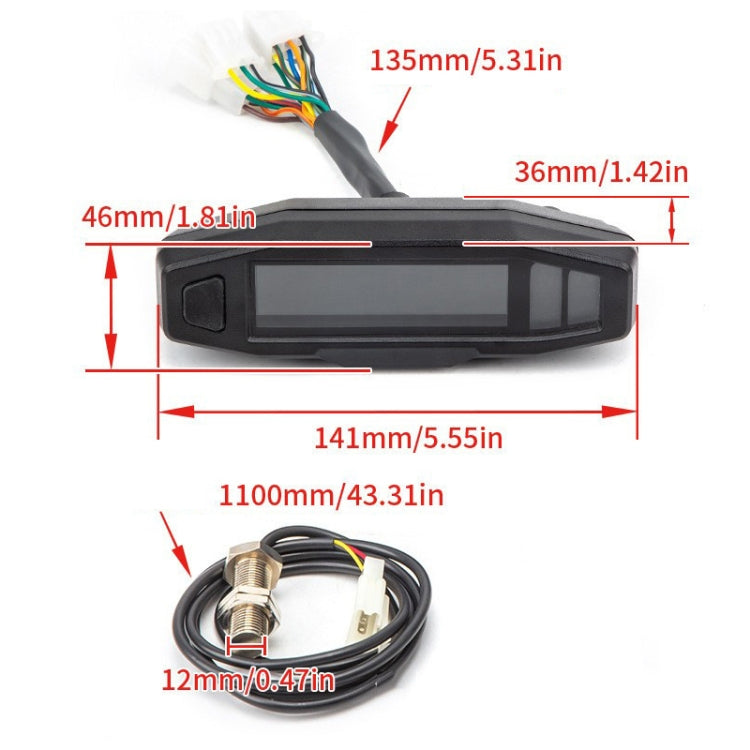 Motorcycle LCD instrument cluster with measurement view and connected wiring lead