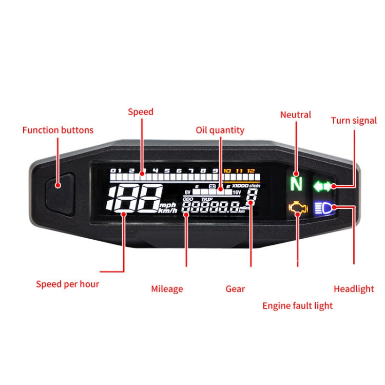 Motorcycle LCD instrument cluster showing speed, mileage, gear, and warning icons