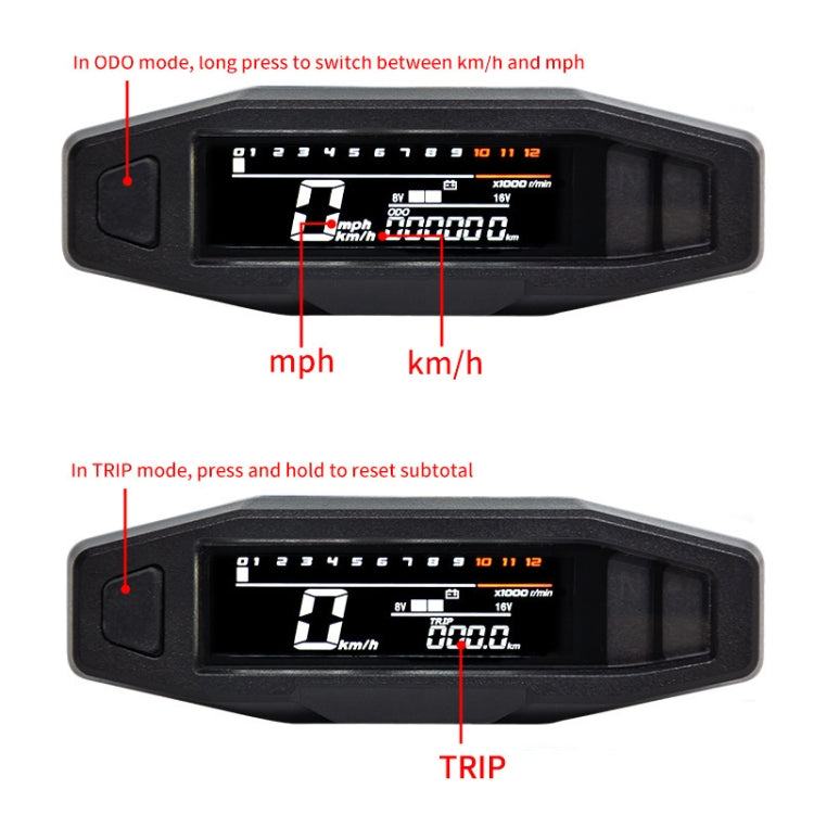 Motorcycle LCD instrument cluster with mph/km/h and TRIP mode display