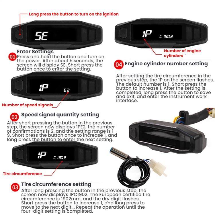 Motorcycle LCD instrument cluster settings display with instruction overlays and control button