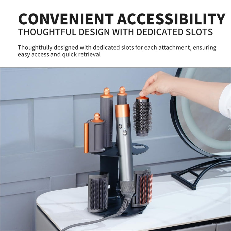 Wall-mounted storage rack holding multiple curling attachments, with visible power cord