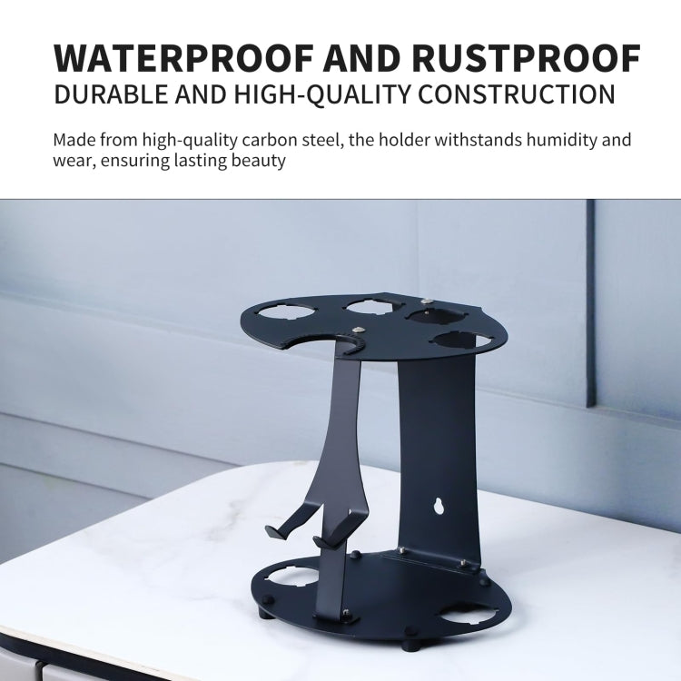 Black metal storage stand with circular slots for hair styling attachments