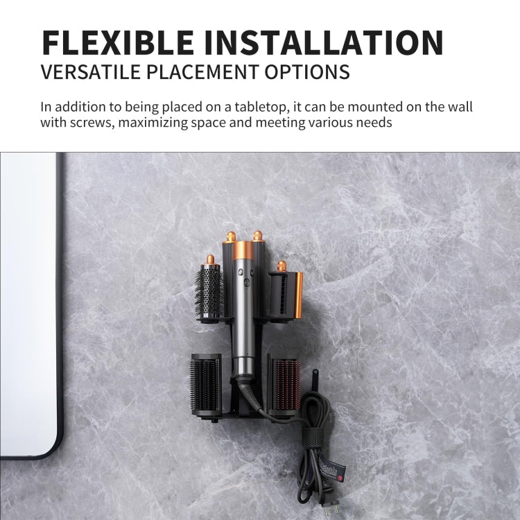 Wall-mounted hair tool holder rack with multiple brush attachments and hanging cord