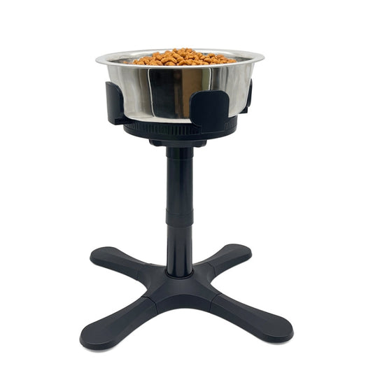 Adjustable pet food bowl height stand with stainless steel bowl and black base