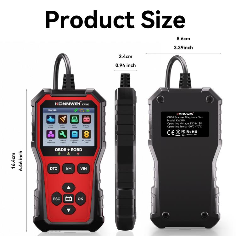 KONNWEI KW340 OBDII+OBD code reader tool shown front, side, and back views