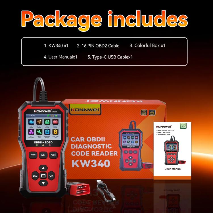KONNWEI KW340 OBDII engine code reader kit with handheld diagnostic device and cables