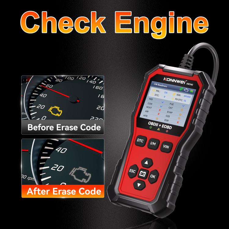 KONNWEI KW340 OBDII+OBD engine code reader tool with LCD screen and keypad buttons