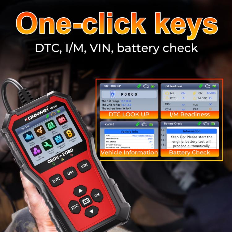 KONNWEI KW340 OBDII+OBD code reader tool held in hand with LCD diagnostic screen