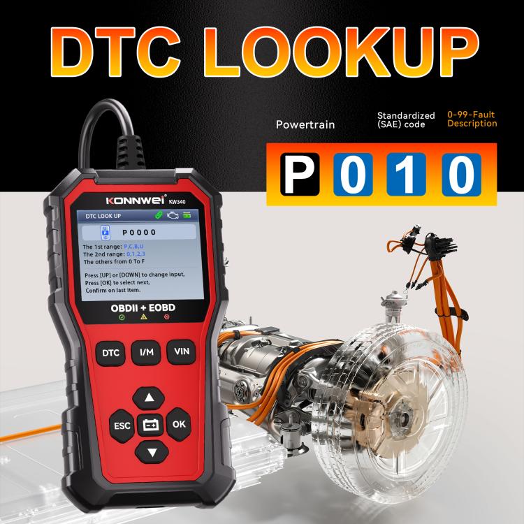 KONNWEI KW340 OBDII+OBD code reader tool displaying DTC information on LCD