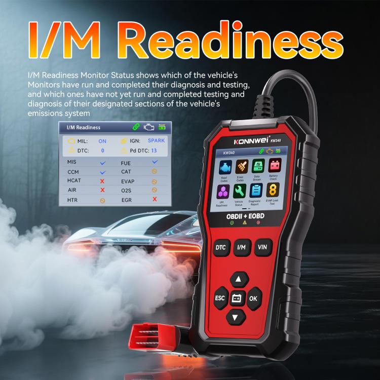 KONNWEI KW340 OBDII+OBD code reader tool showing readiness status on LCD screen