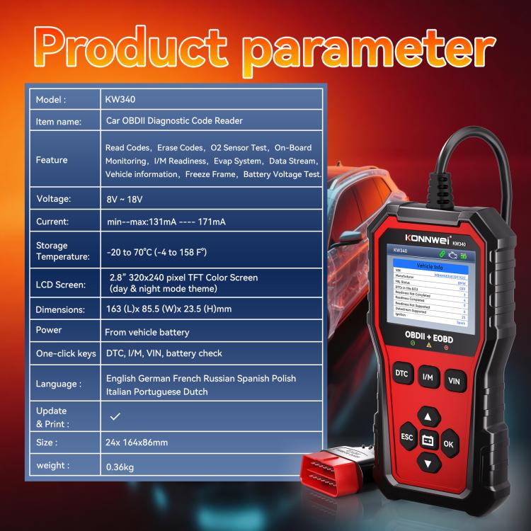 KONNWEI KW340 OBDII+OBD code reader tool with LCD menu and front keypad