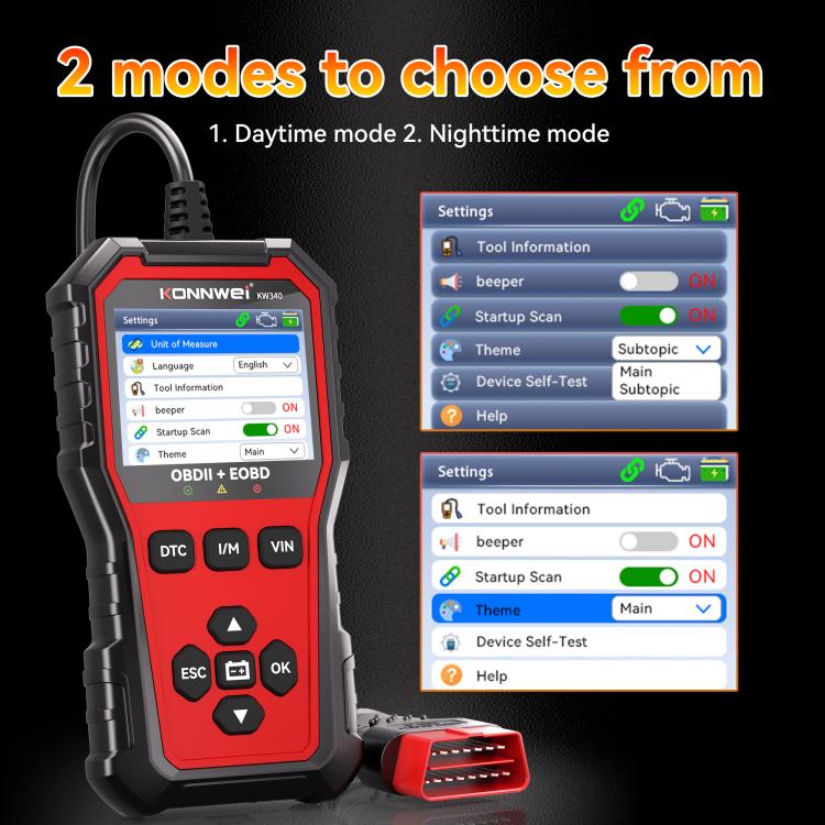 KONNWEI KW340 OBDII+OBD code reader tool with settings screen and red OBD cable plug