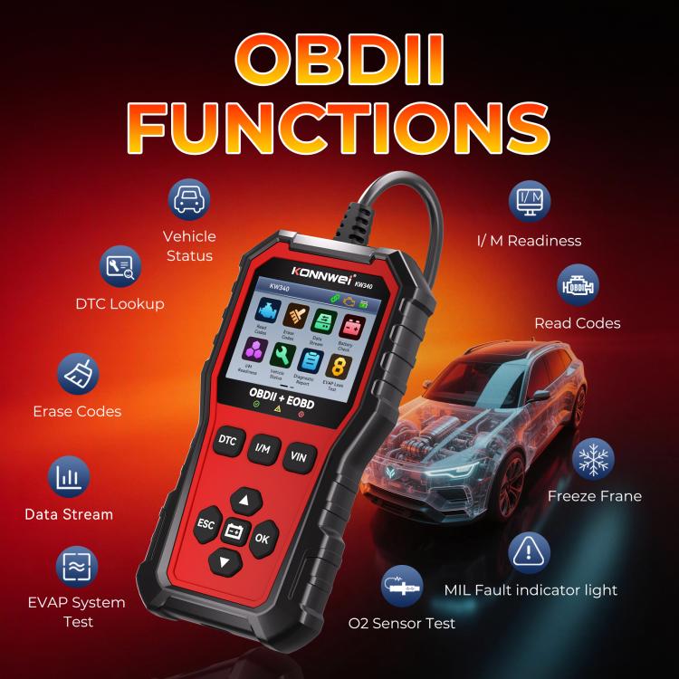 KONNWEI KW340 OBDII+OBD engine code reader tool with LCD screen and function buttons