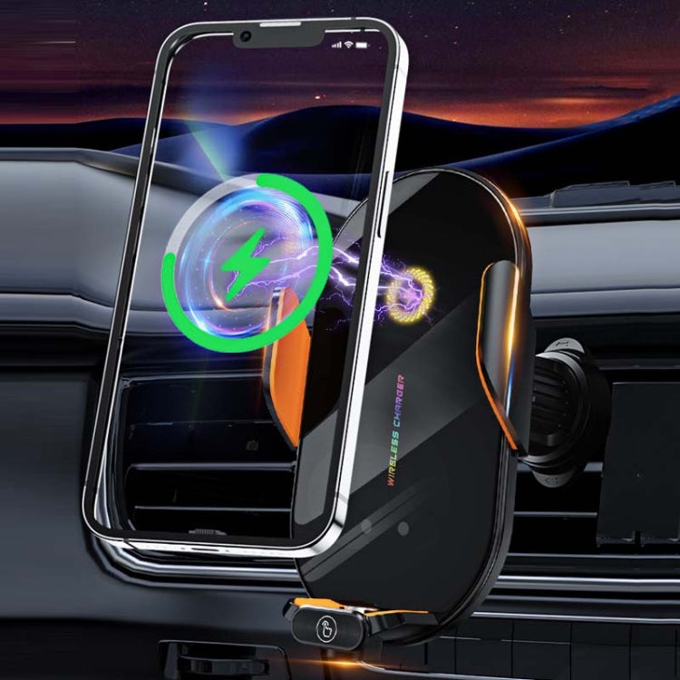Car wireless charging phone holder with dark clamp and glowing charging ring