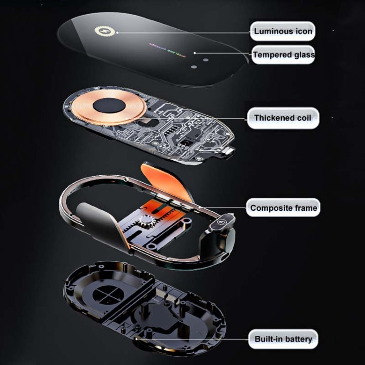 Disassembled wireless car phone holder showing internal coils and tempered glass panel