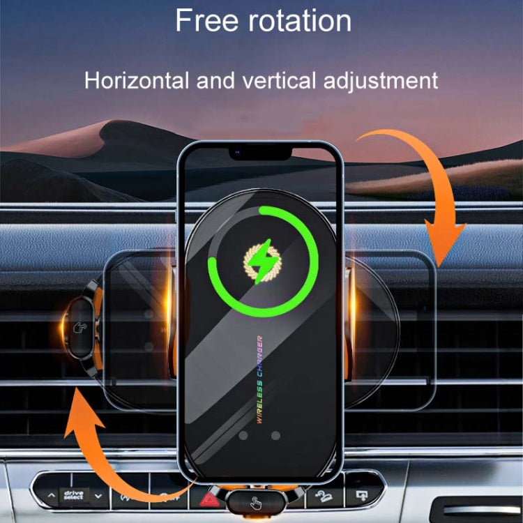 Car phone holder with glowing green charging icon and orange rotation arrows