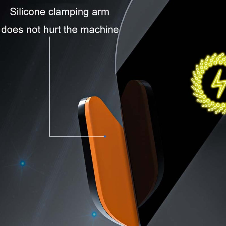 Orange and black silicone clamping arm of a car phone holder