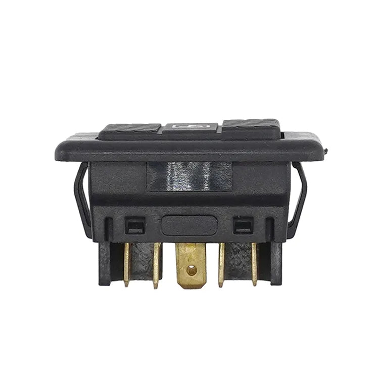 Black window lift switch with metal electrical pins on connector base