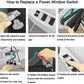 Power window switch replacement guide graphic showing tools and switch removal