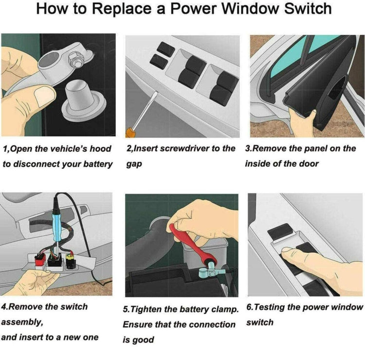 Power window switch replacement guide graphic showing tools and switch removal