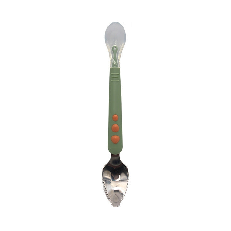 Double-head baby food spoon with rounded silver scraper; green handle with orange dots