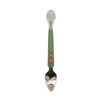 Double-head baby food spoon with rounded silver scraper; green handle with orange dots