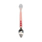 Double-head baby food spoon with rounded silver scraper; pink handle with red dots