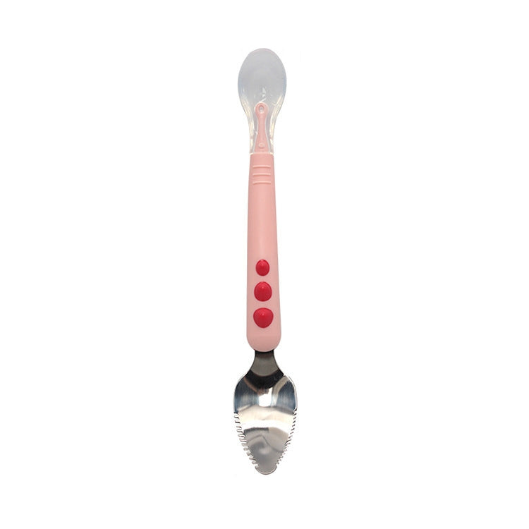 Double-head baby food spoon with rounded silver scraper; pink handle with red dots